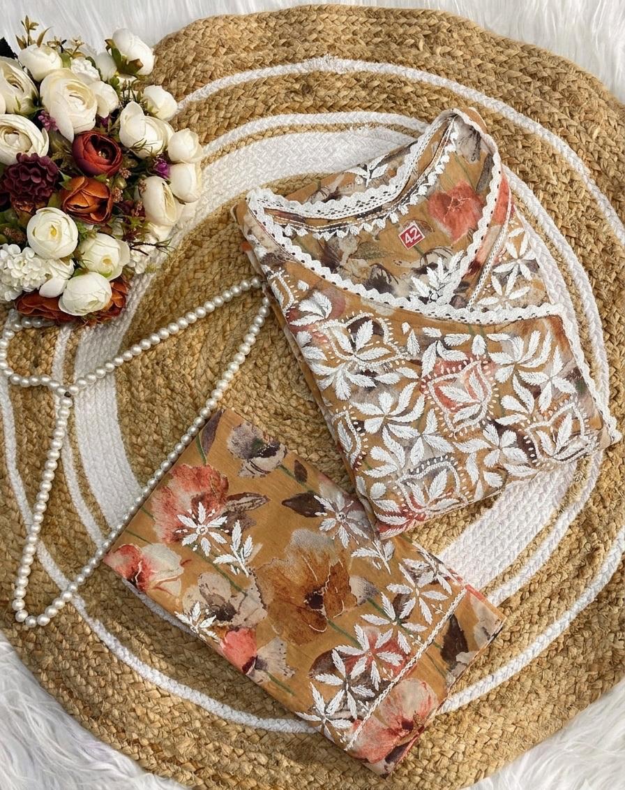 Mul Mul Cotton Chikankari Angrakha Kurti with Pant Set