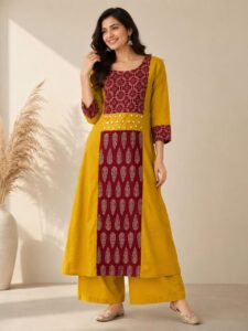 Cotton A-Line Ajrakh Print Kurti Palazzo Set with Mirror Work