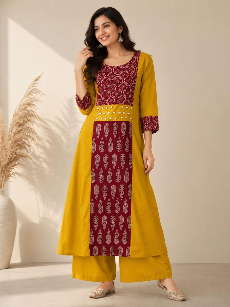 Cotton A-Line Ajrakh Print Kurti Palazzo Set with Mirror Work