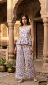 Women’s Hand Block Printed Cotton Co-Ord Set | Sleeveless Peplum Top & Wide Leg Pants