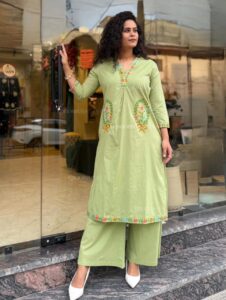 Women’s Pure Cotton Embroidered A-Line Kurta with Palazzo Set