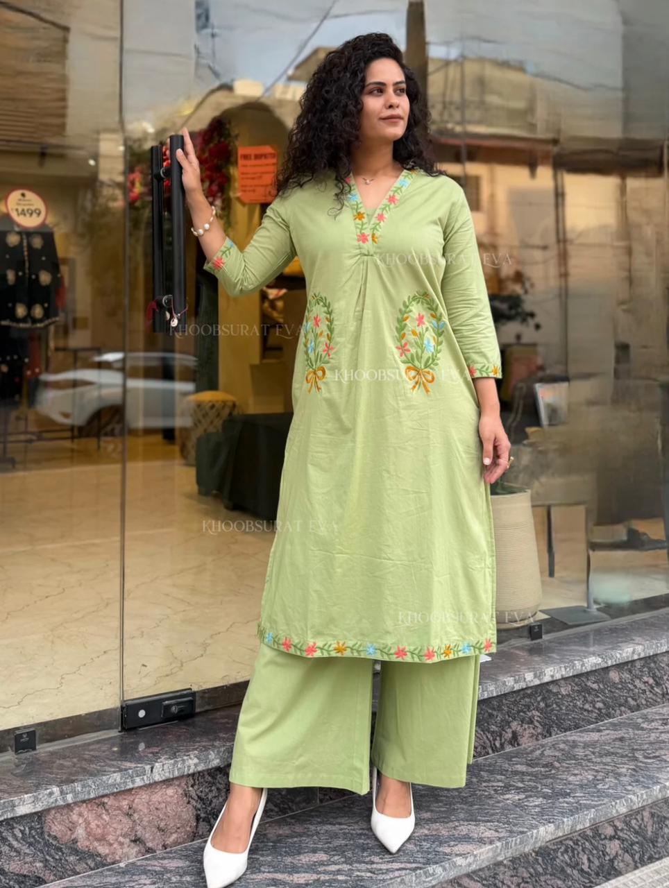 Women’s Pure Cotton Embroidered A-Line Kurta with Palazzo Set