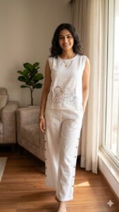 Women’s Embroidered Cotton Linen Co-Ord Set | Sleeveless Top & Wide Leg Pants