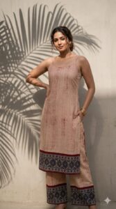 Women’s Cotton Hand Brush Ajrakh Daman Spaghetti Kurti Palazzo Co-Ord Set