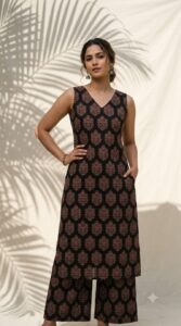 Ajrakh Veg Dyed Handblock Print Sleeveless Kurti Palazzo Co-Ord Set with Pockets