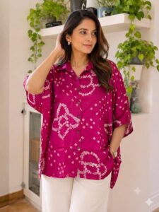 Women’s Hand Bandhej Semi Gaji Kaftan Shirt – Free Size Oversized Printed Top
