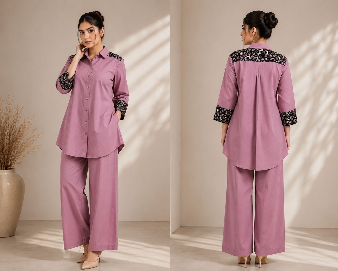 Women’s Premium Cotton Designer Shirt & Palazzo Co-Ord Set | Hand Block Print | Back Flap Design