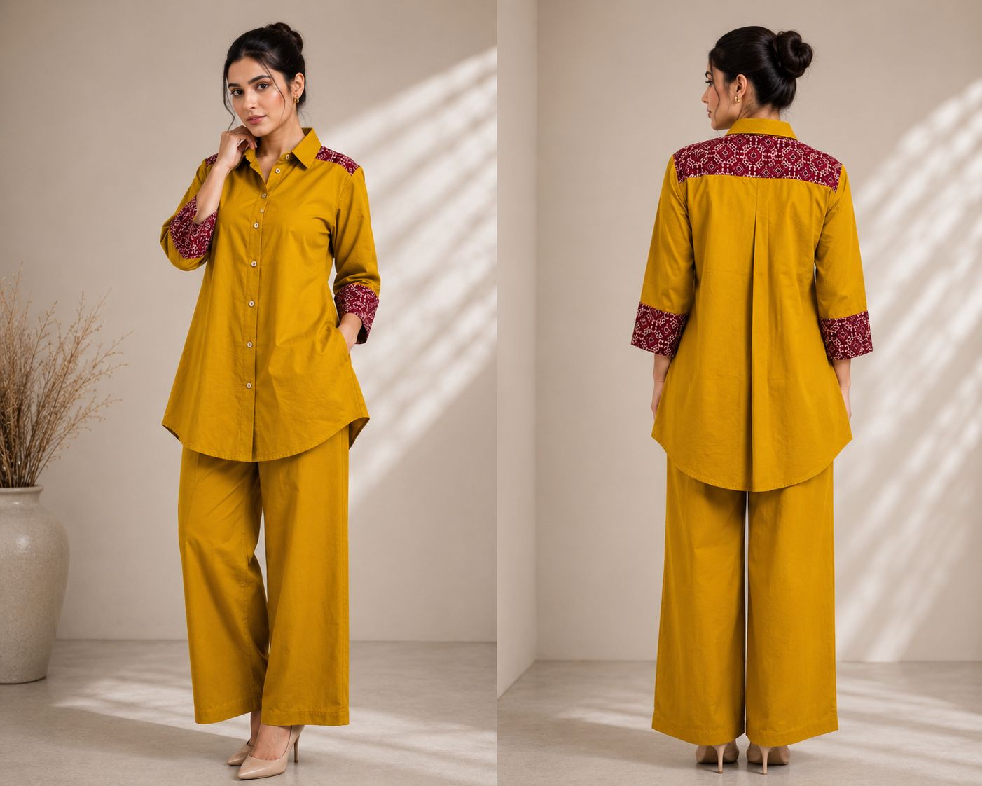 Women's premium cotton shirt and palazzo co-ord set with hand block print detailing