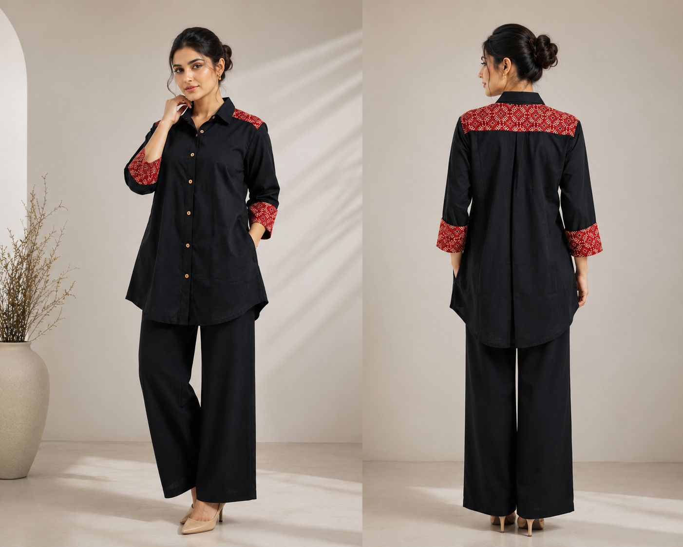 Women's premium cotton shirt and palazzo co-ord set with hand block print detailing