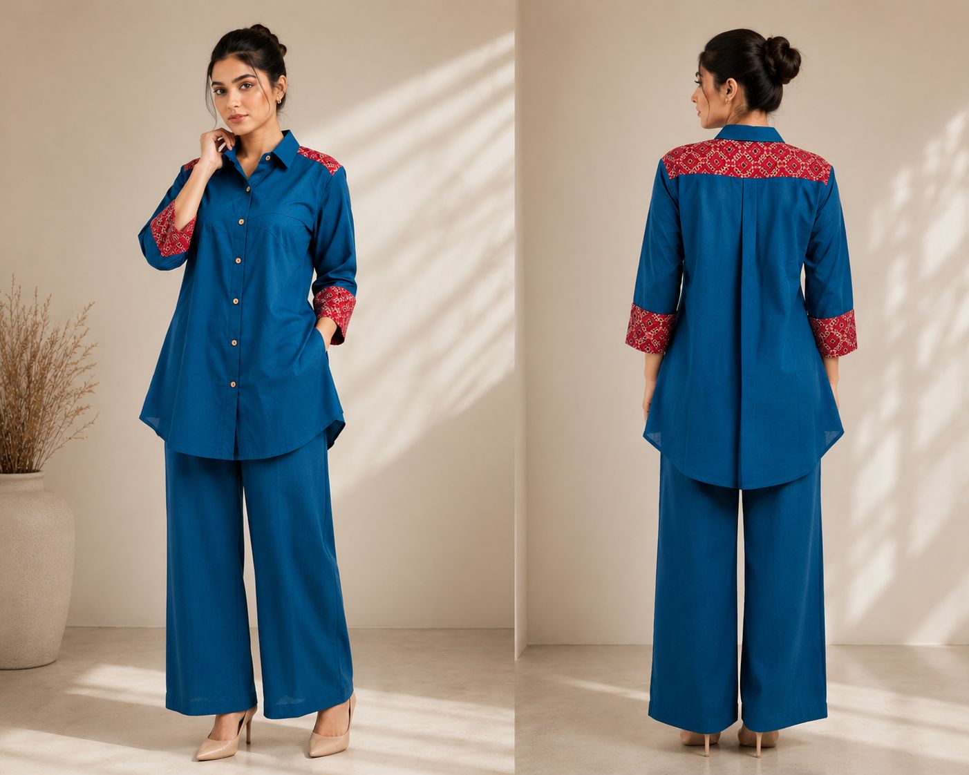 Women's premium cotton shirt and palazzo co-ord set with hand block print detailing