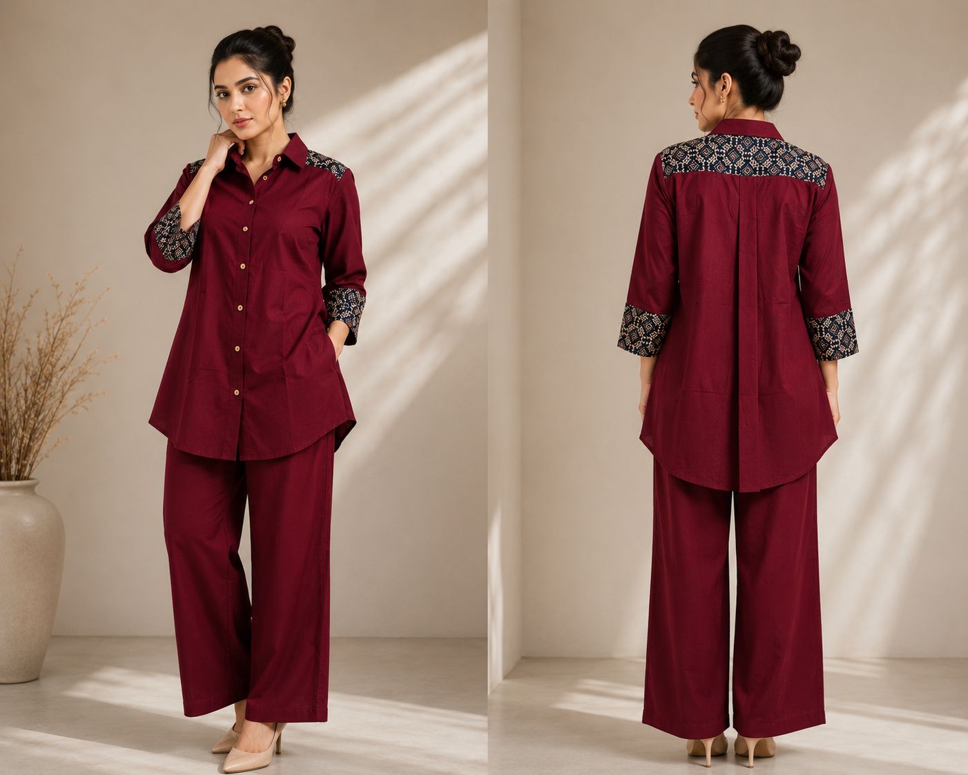 Women's premium cotton shirt and palazzo co-ord set with hand block print detailing