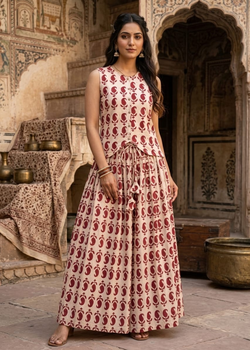 Women's Pure Cotton Bagru Hand Block Printed Top with Flared Skirt Set