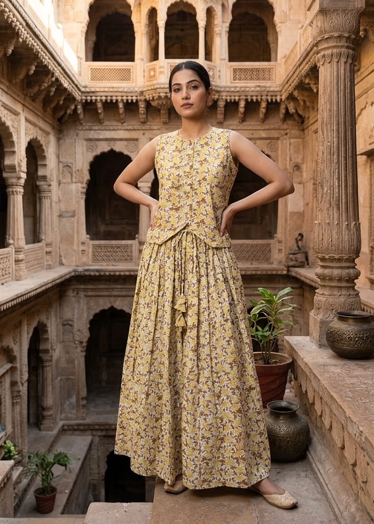 Women's Pure Cotton Bagru Hand Block Printed Top with Flared Skirt Set