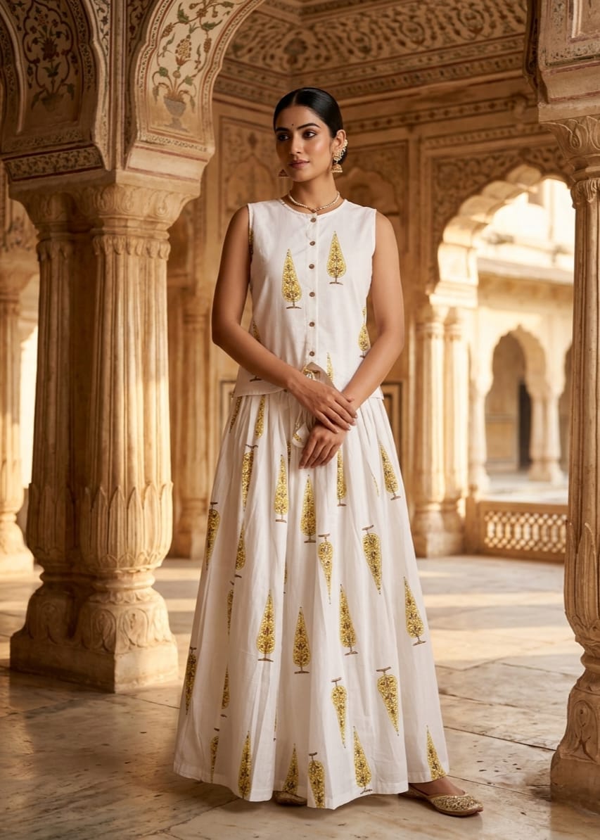 Women's Pure Cotton Bagru Hand Block Printed Top with Flared Skirt Set