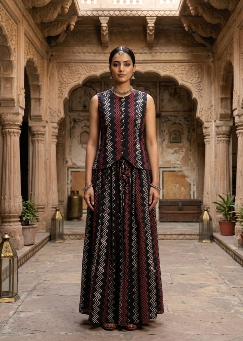 Women's Pure Cotton Bagru Hand Block Printed Top with Flared Skirt Set