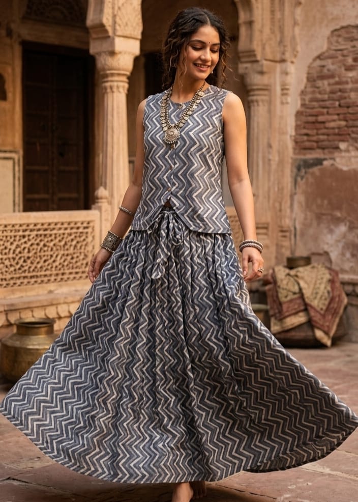 Women's Pure Cotton Bagru Hand Block Printed Top with Flared Skirt Set