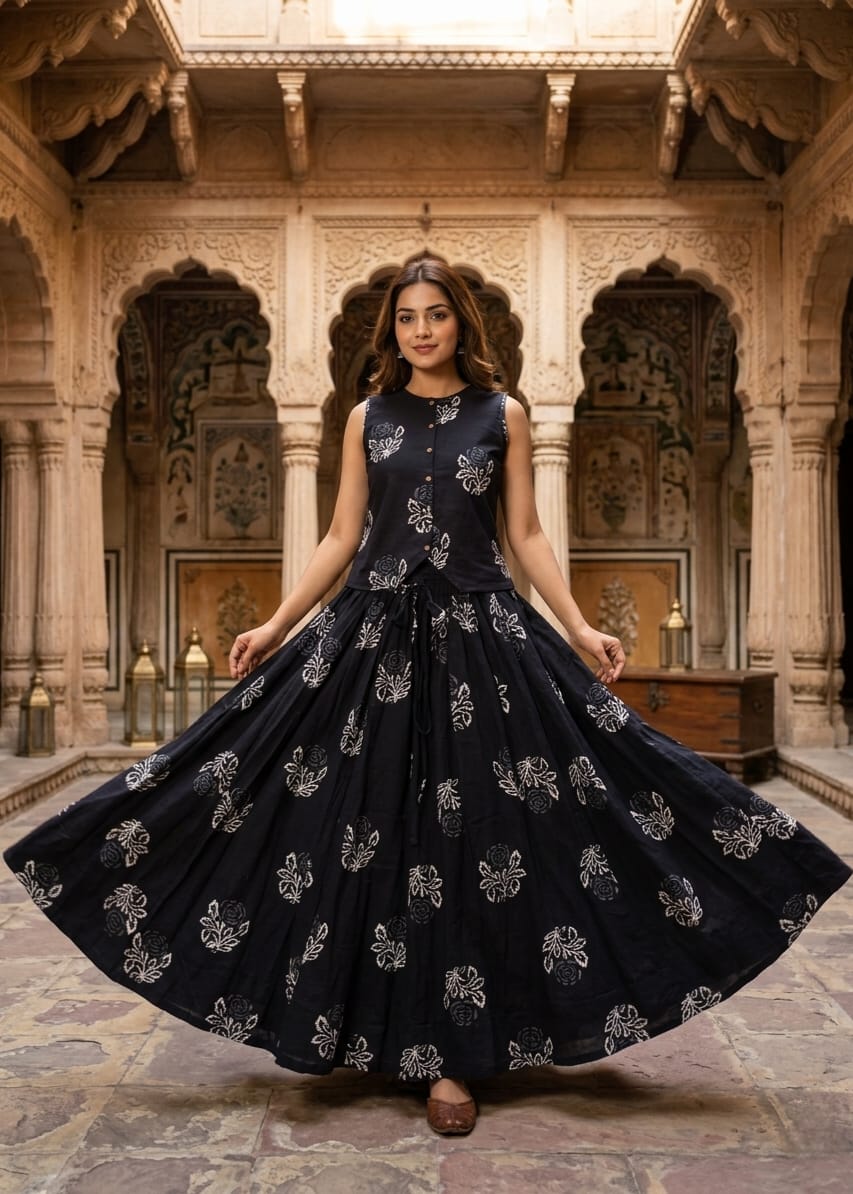 Women's Pure Cotton Bagru Hand Block Printed Top with Flared Skirt Set