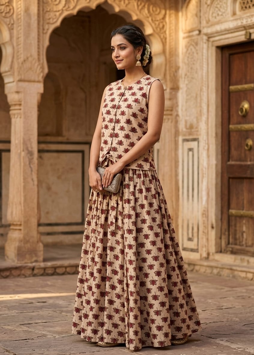 Bagru Hand Block Printed Cotton Top & Skirt Set for Women - Image 3