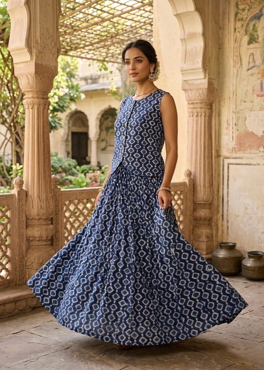 Women's Pure Cotton Bagru Hand Block Printed Top with Flared Skirt Set