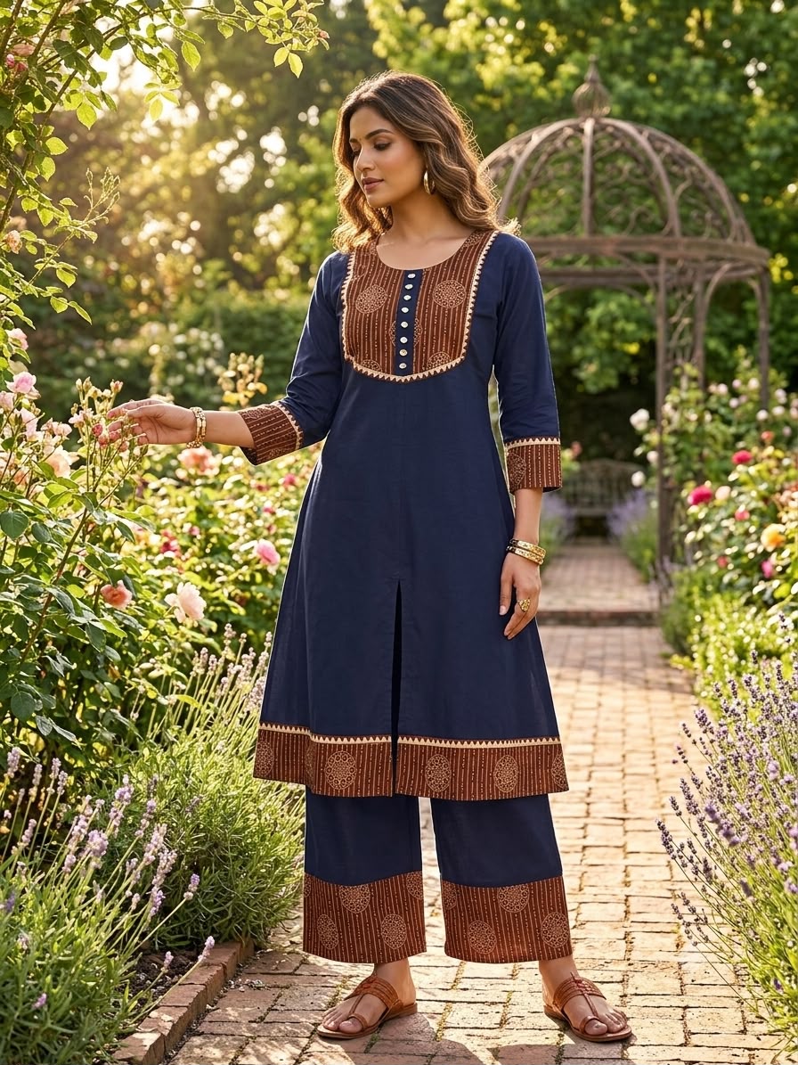 Women's Pure Cotton Ajrakh Print Kurta Palazzo Set