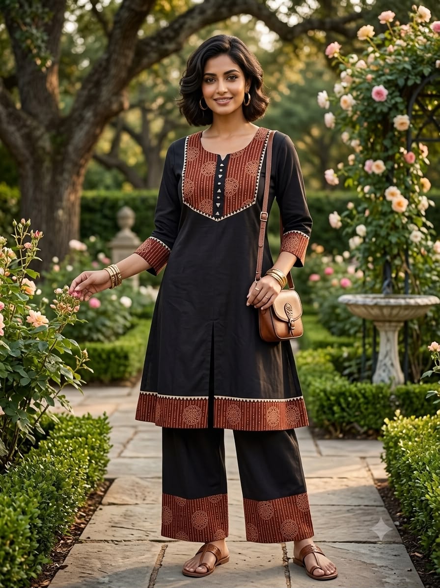 Women's Pure Cotton Ajrakh Print Kurta Palazzo Set