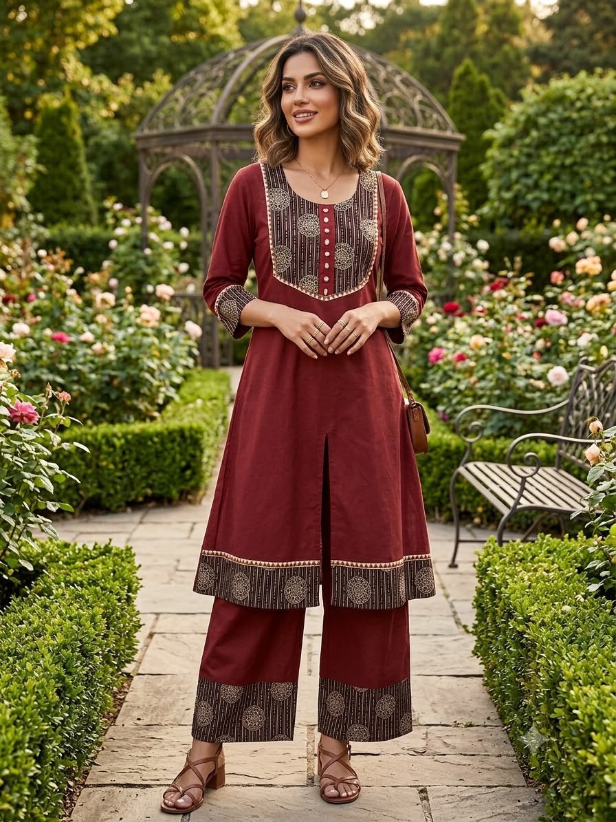 Women's Pure Cotton Ajrakh Print Kurta Palazzo Set