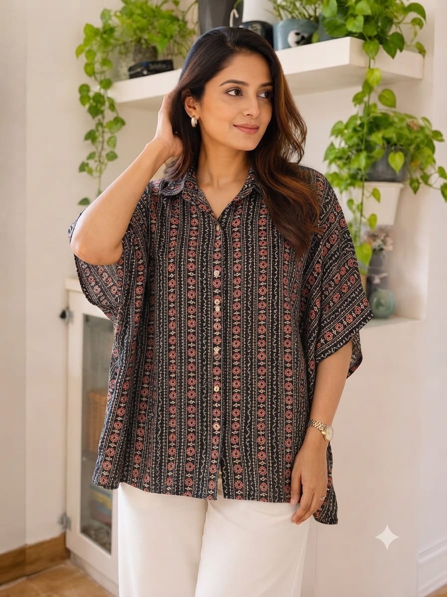 Women's Cotton Ajrakh Printed Shirt Kaftan | Collar Neck | Oversized Fit - Image 27