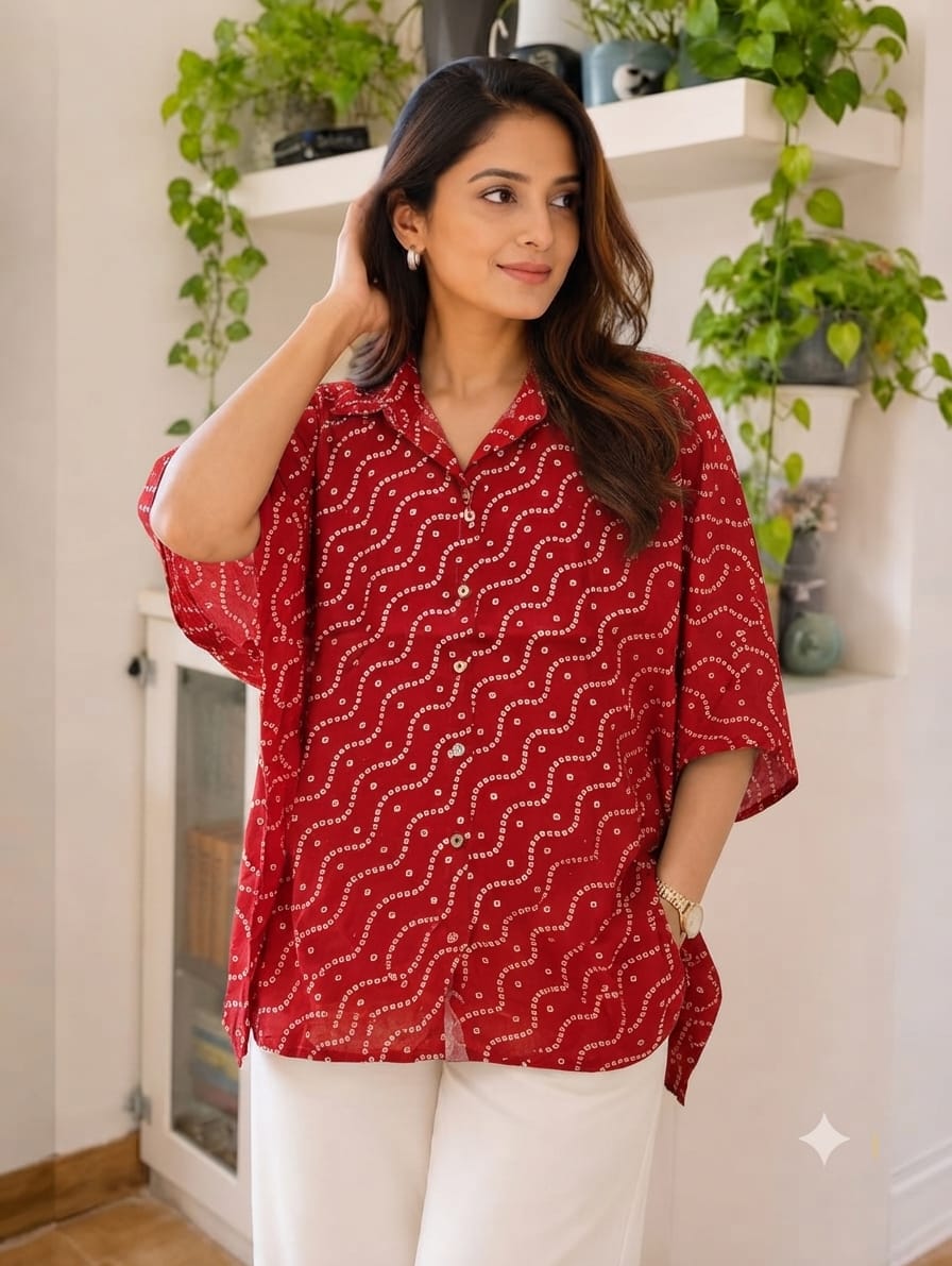 Women's Cotton Ajrakh Printed Shirt Kaftan | Collar Neck | Oversized Fit