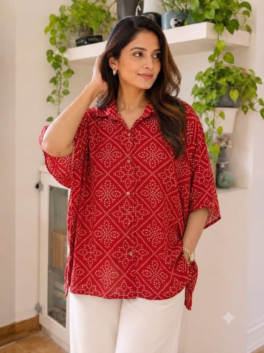 Women's Cotton Ajrakh Printed Shirt Kaftan | Collar Neck | Oversized Fit