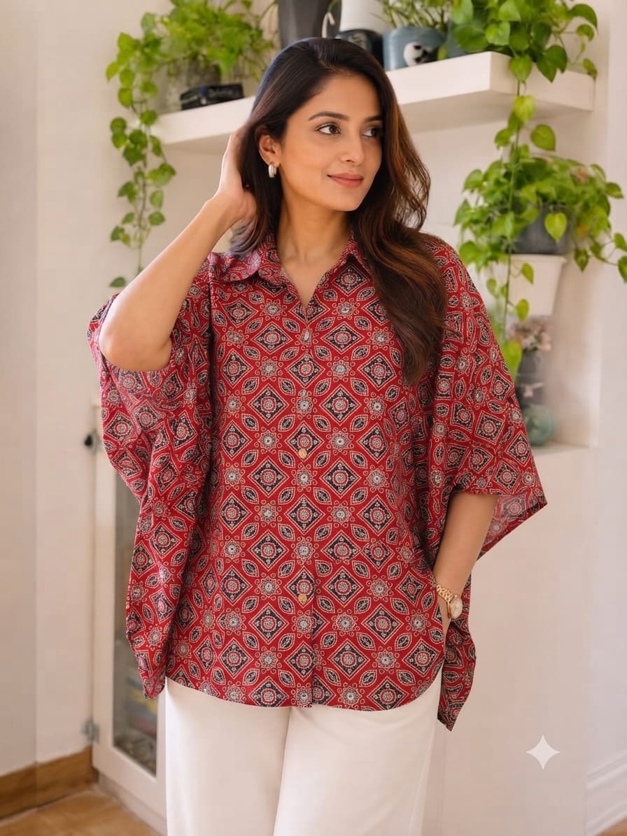 Women's Cotton Ajrakh Printed Shirt Kaftan | Collar Neck | Oversized Fit