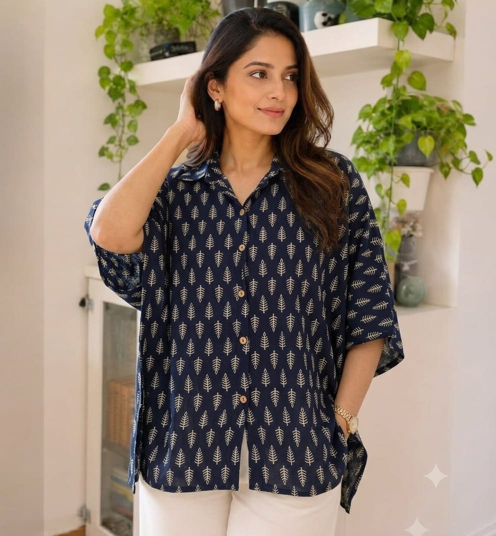 Women's Cotton Ajrakh Printed Shirt Kaftan | Collar Neck | Oversized Fit