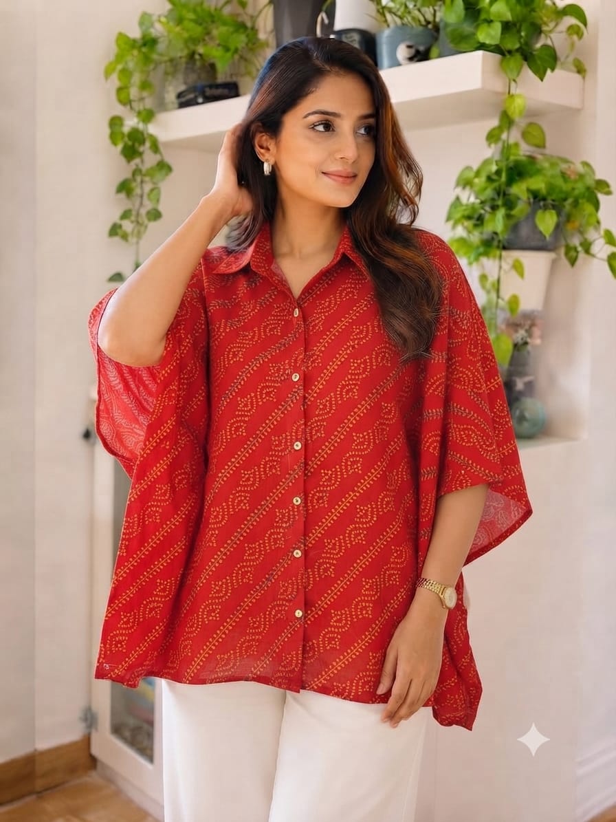 Women's Cotton Ajrakh Printed Shirt Kaftan | Collar Neck | Oversized Fit