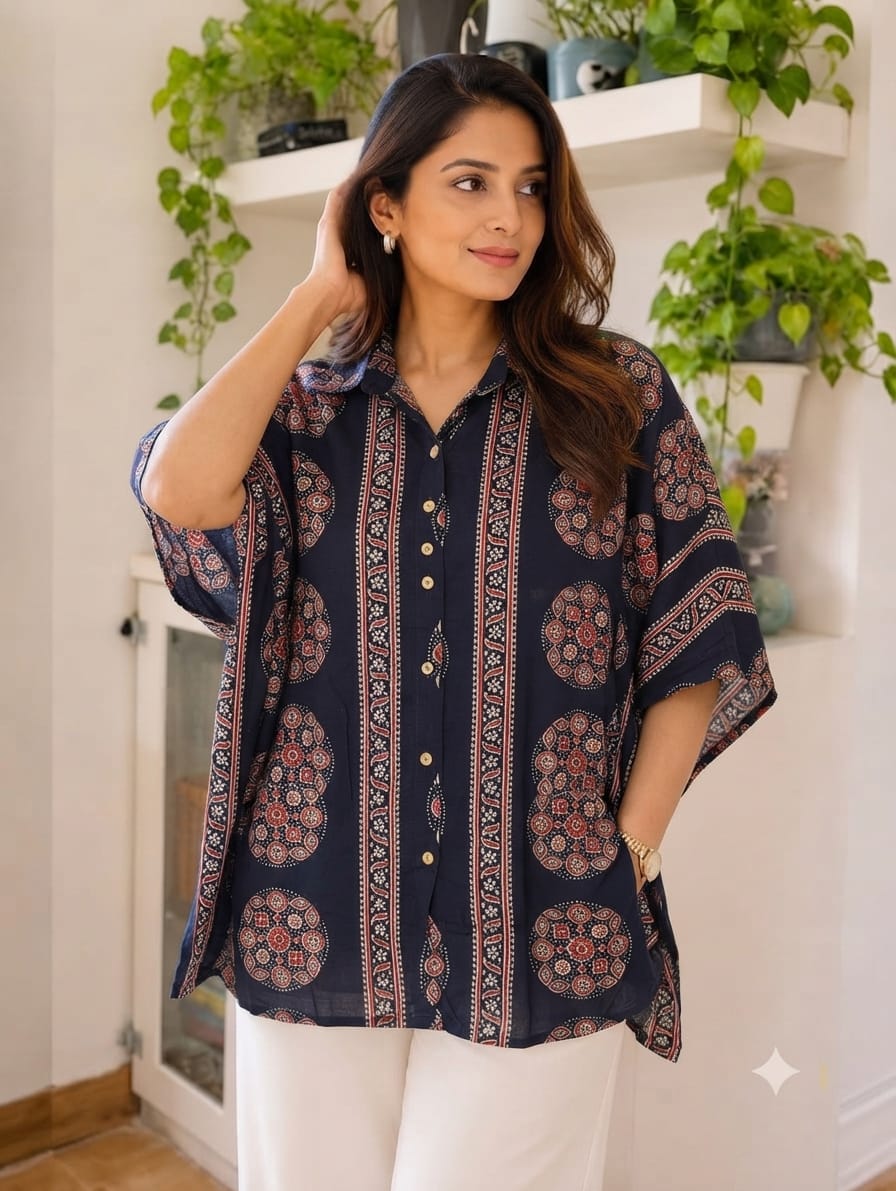 Women's Cotton Ajrakh Printed Shirt Kaftan | Collar Neck | Oversized Fit