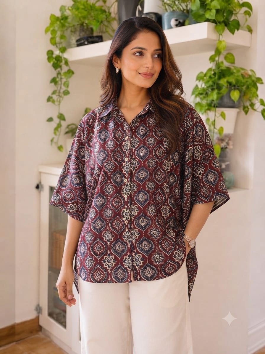 Women's Cotton Ajrakh Printed Shirt Kaftan | Collar Neck | Oversized Fit