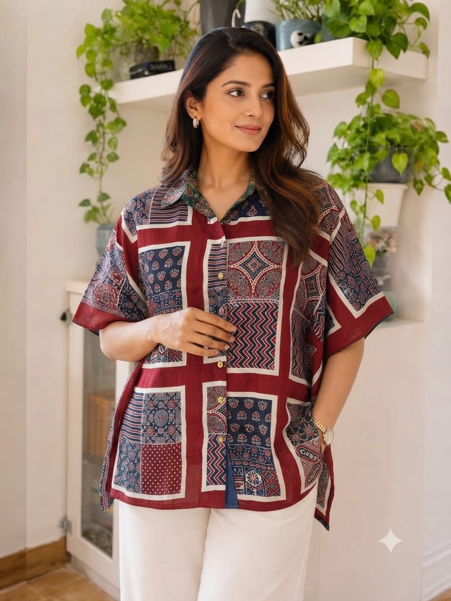 Women's Cotton Ajrakh Printed Shirt Kaftan | Collar Neck | Oversized Fit