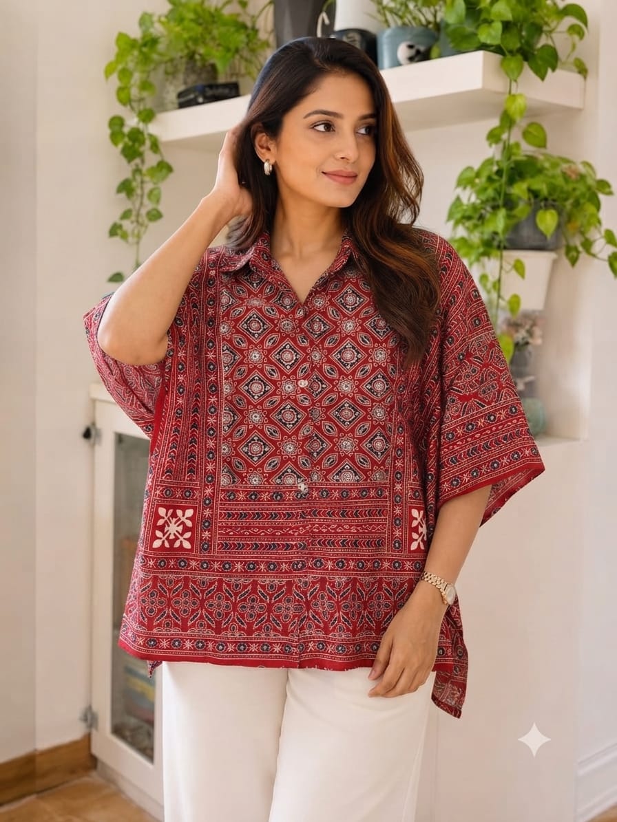 Women's Cotton Ajrakh Printed Shirt Kaftan | Collar Neck | Oversized Fit