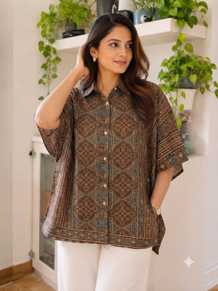 Women's Cotton Ajrakh Printed Shirt Kaftan | Collar Neck | Oversized Fit