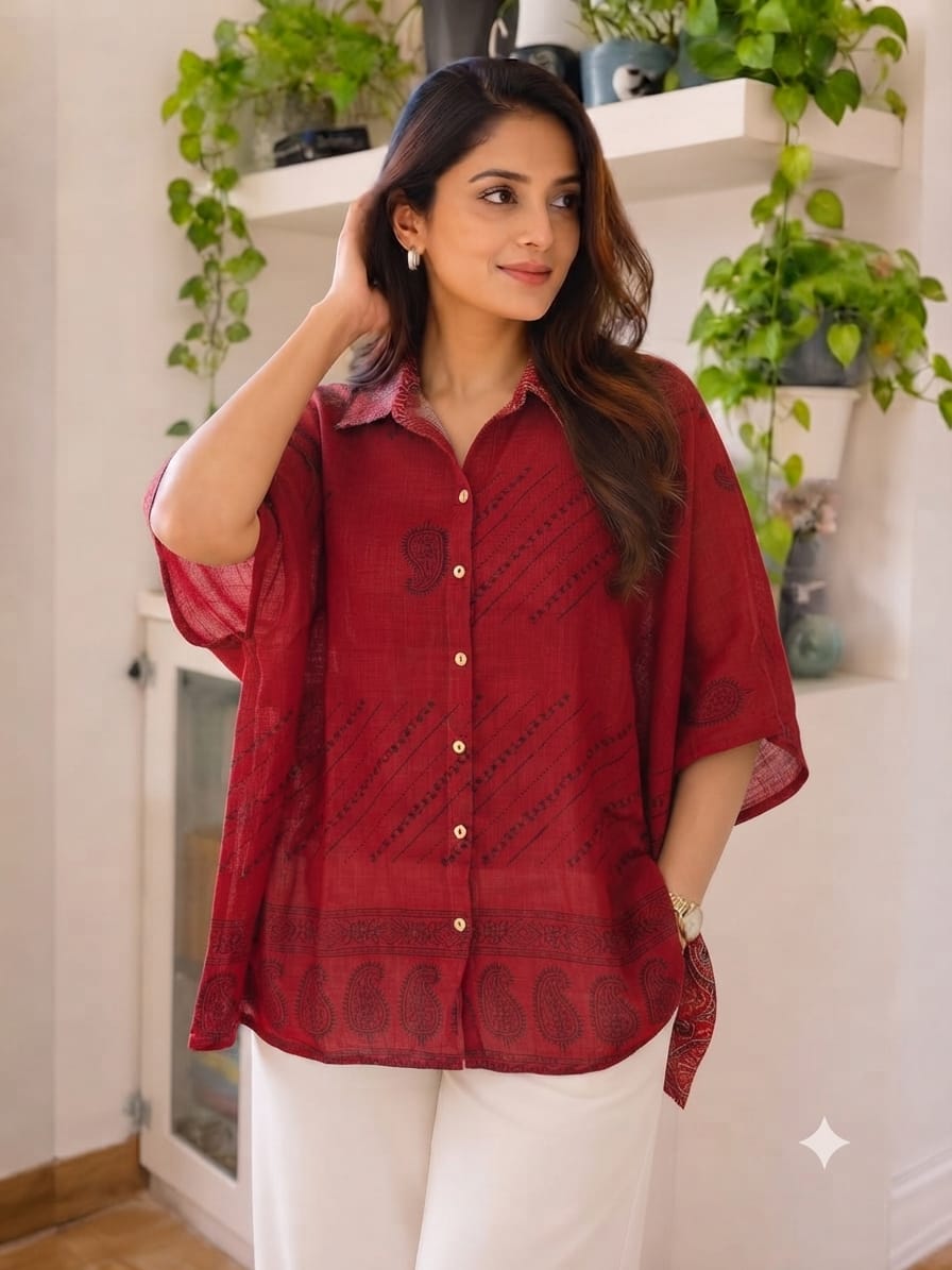 Women's Cotton Ajrakh Printed Shirt Kaftan | Collar Neck | Oversized Fit