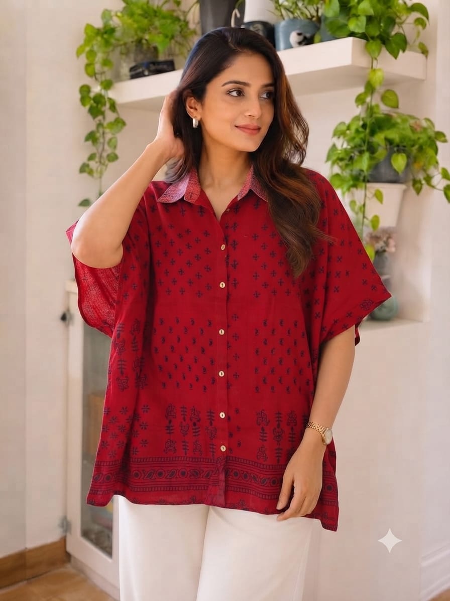Women's Cotton Ajrakh Printed Shirt Kaftan | Collar Neck | Oversized Fit