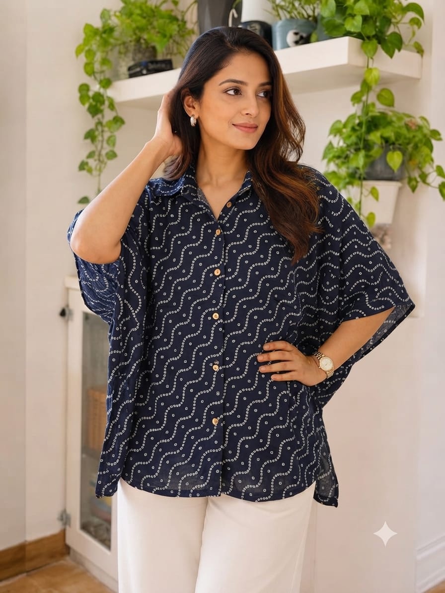 Women's Cotton Ajrakh Printed Shirt Kaftan | Collar Neck | Oversized Fit