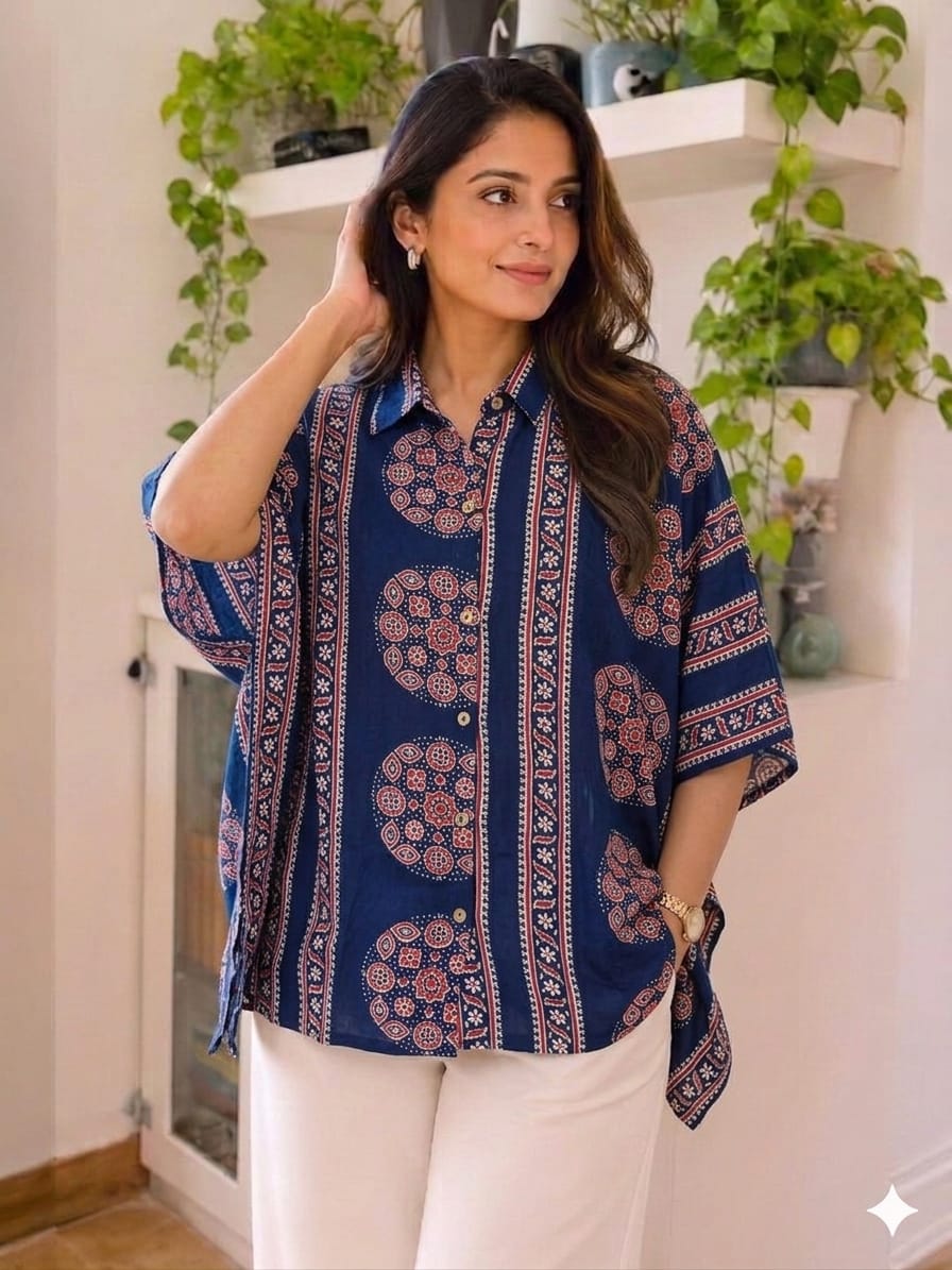 Women's Cotton Ajrakh Printed Shirt Kaftan | Collar Neck | Oversized Fit