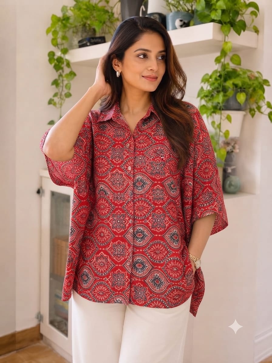 Women's Cotton Ajrakh Printed Shirt Kaftan | Collar Neck | Oversized Fit
