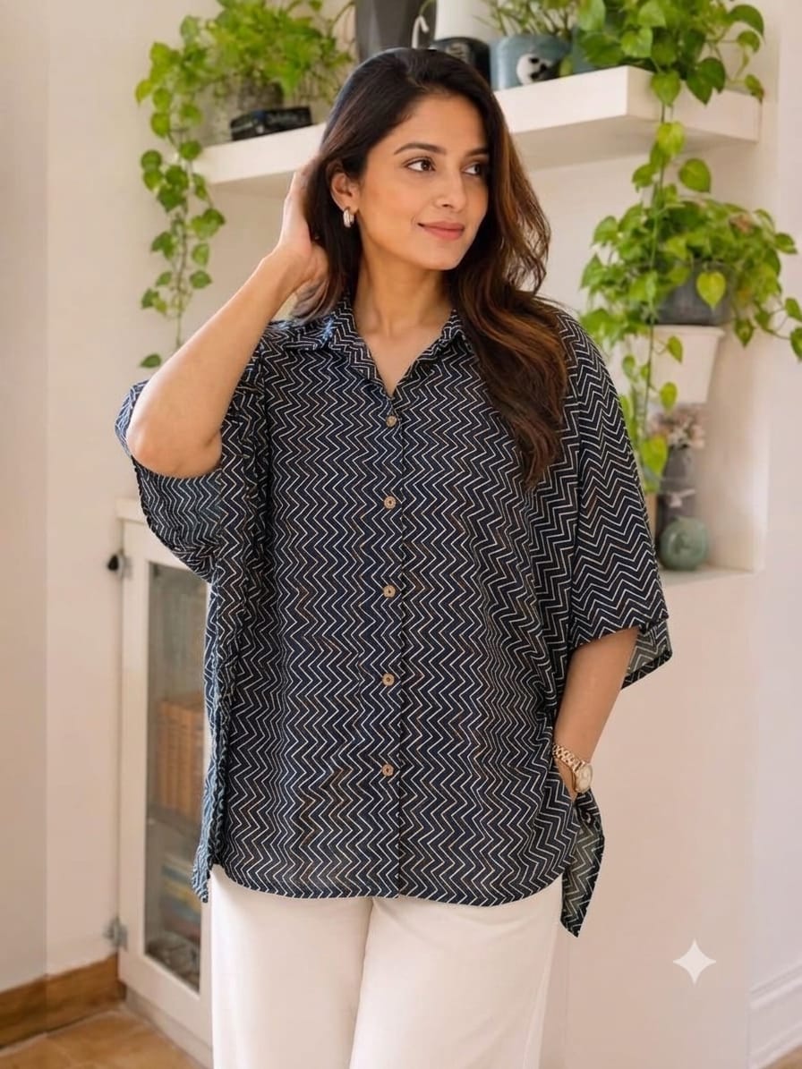 Women's Cotton Ajrakh Printed Shirt Kaftan | Collar Neck | Oversized Fit