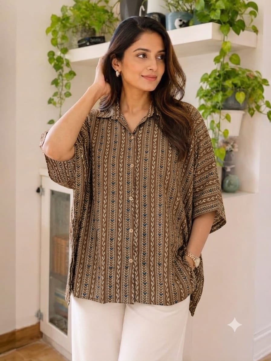 Women's Cotton Ajrakh Printed Shirt Kaftan | Collar Neck | Oversized Fit