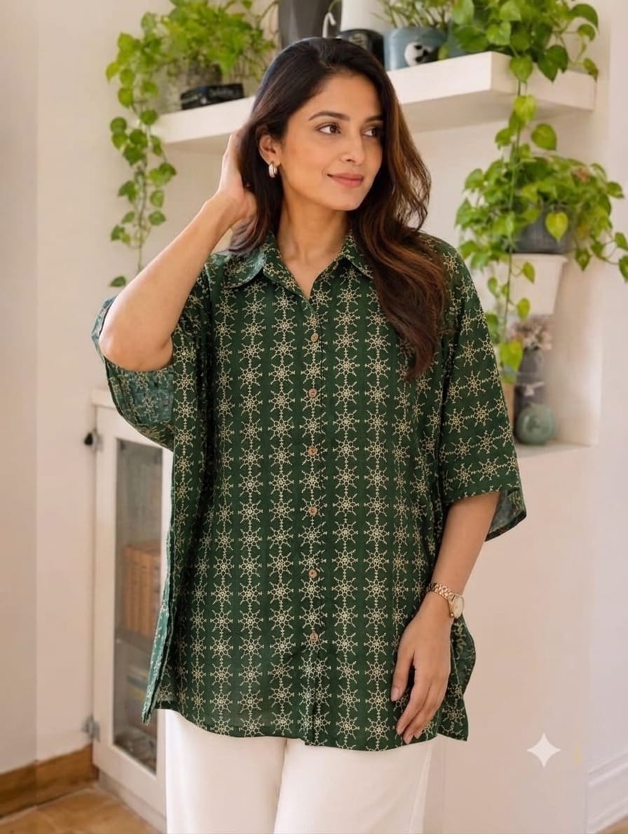 Women's Cotton Ajrakh Printed Shirt Kaftan | Collar Neck | Oversized Fit