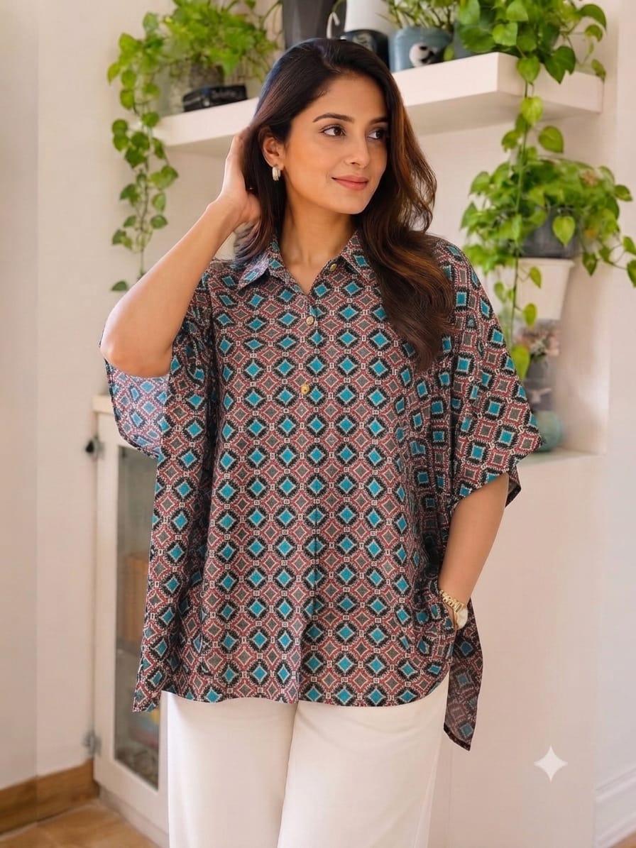 Women's Cotton Ajrakh Printed Shirt Kaftan | Collar Neck | Oversized Fit