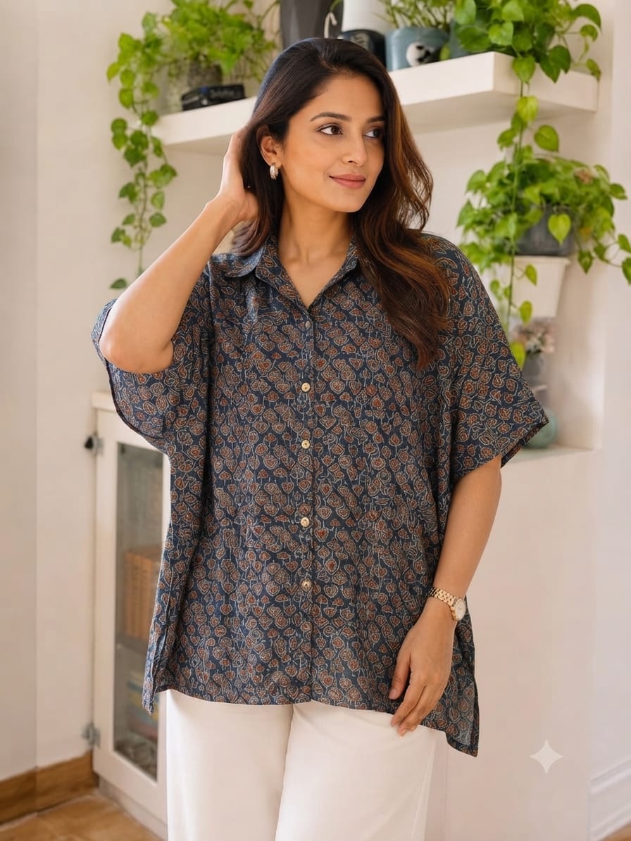 Women's Cotton Ajrakh Printed Shirt Kaftan | Collar Neck | Oversized Fit