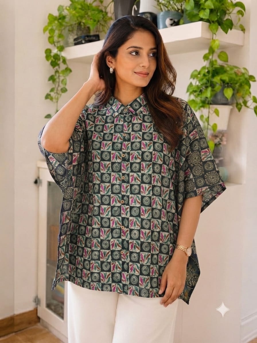 Women's Cotton Ajrakh Printed Shirt Kaftan | Collar Neck | Oversized Fit