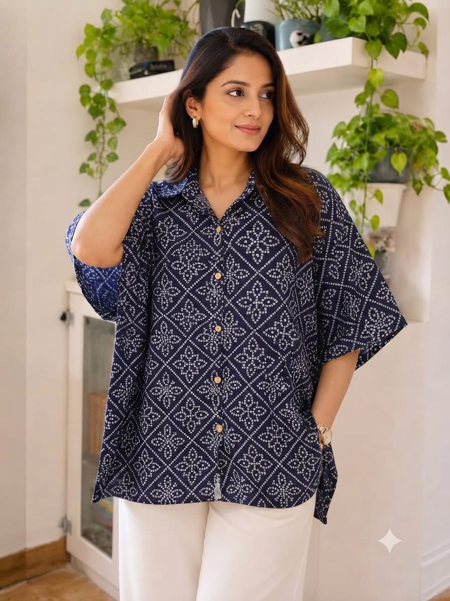 Women's Cotton Ajrakh Printed Shirt Kaftan | Collar Neck | Oversized Fit