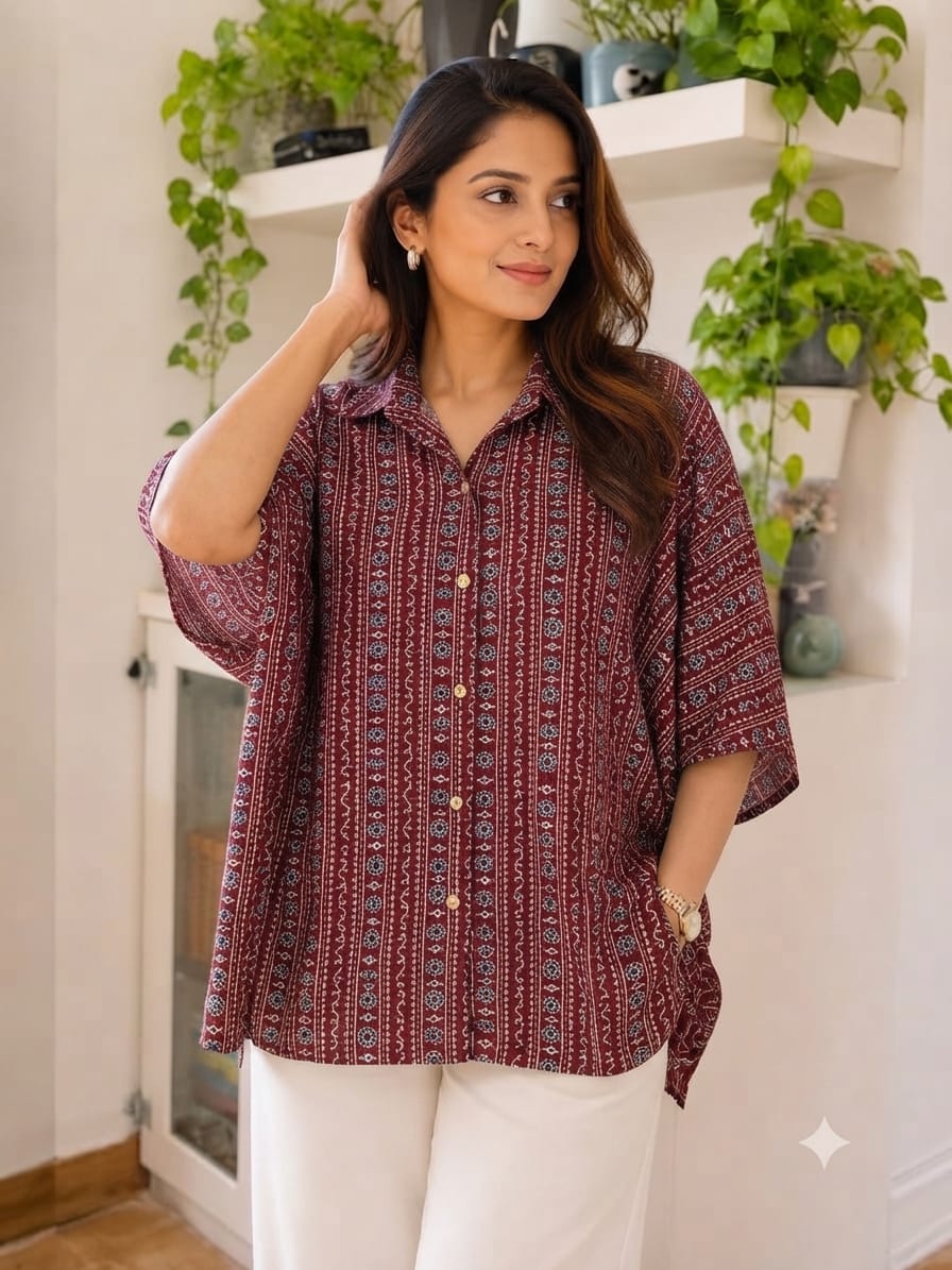 Women's Cotton Ajrakh Printed Shirt Kaftan | Collar Neck | Oversized Fit